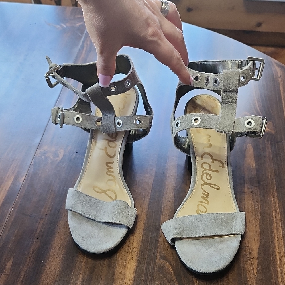 Sam Edelman Taupe Suede Grommet Ankle-Strap Heels